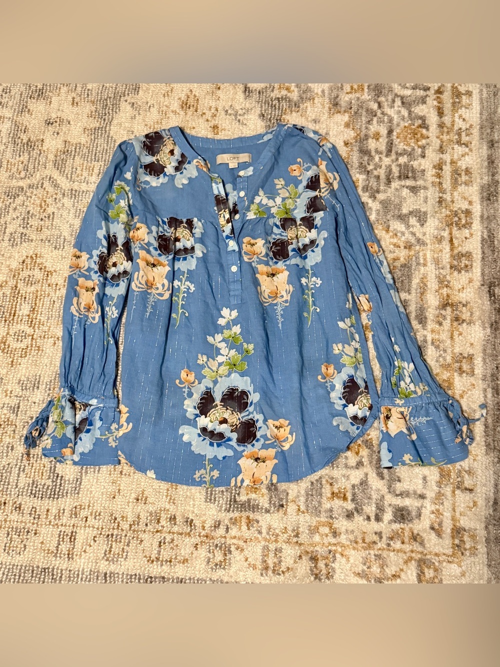 LOFT Blue Floral Peasant Henley Blouse